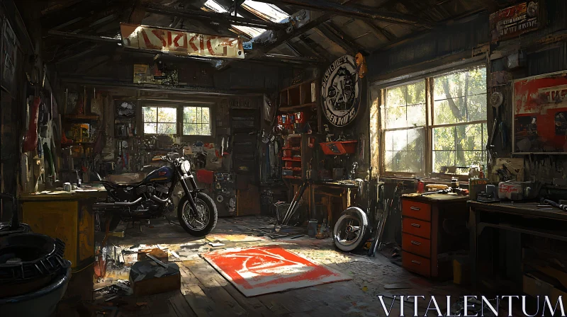 AI ART Garage Scene with Motorcycle