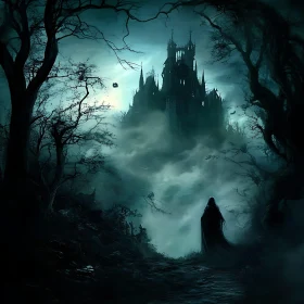 Gothic Castle with Figure in Dark Forest