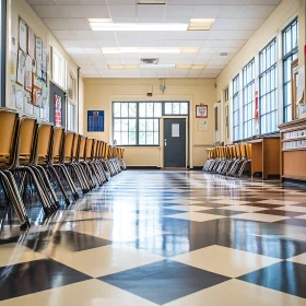 Symmetrical Hallway with Chairs and Checkered Floor