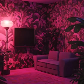 Neon Interior with Plants and Couch