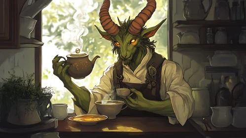 Horned Creature Enjoying Tea Time