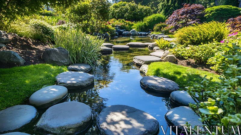 Tranquil Garden Stream with Stones AI Image