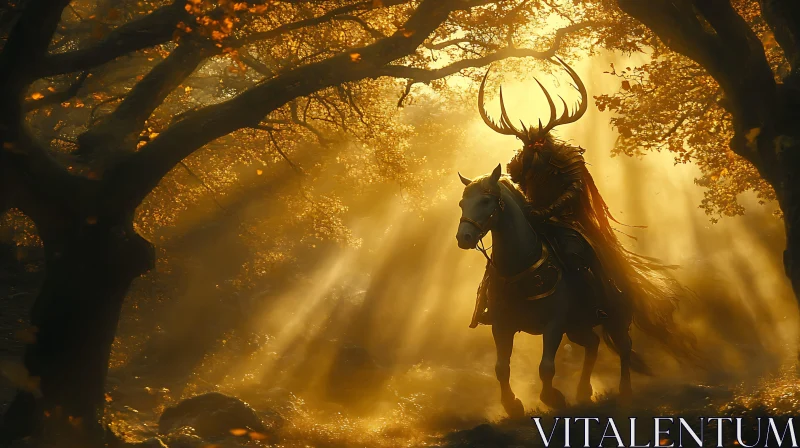 Antlered Rider in Golden Forest AI Image