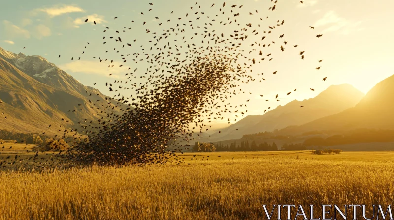 AI ART Murmuration Over Field at Sunset