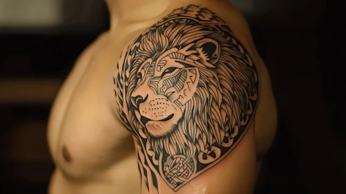 Intricate Lion Tattoo Design on Shoulder