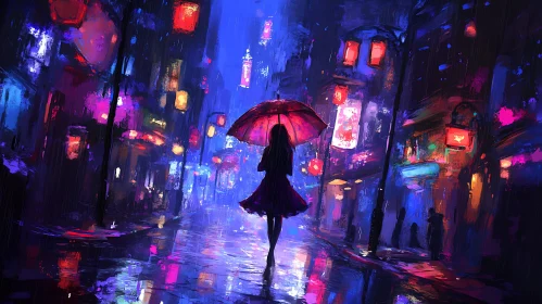 Neon Lit City Street in the Rain
