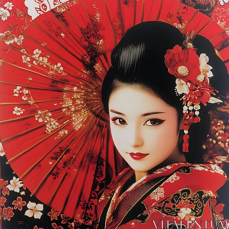 Japanese Woman Portrait with Red Umbrella AI Image