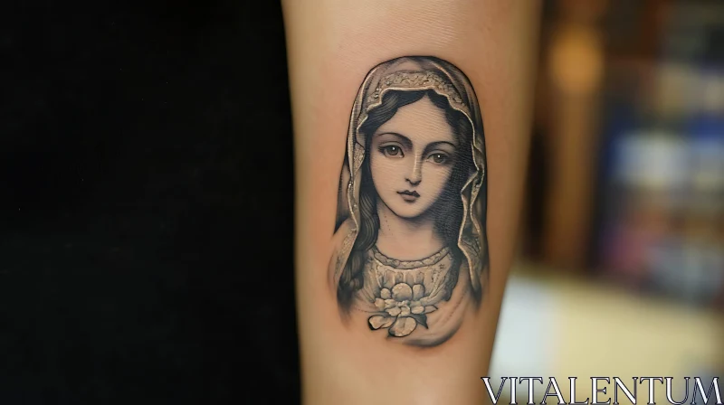 Realistic Religious Female Portrait Tattoo on Arm AI Image