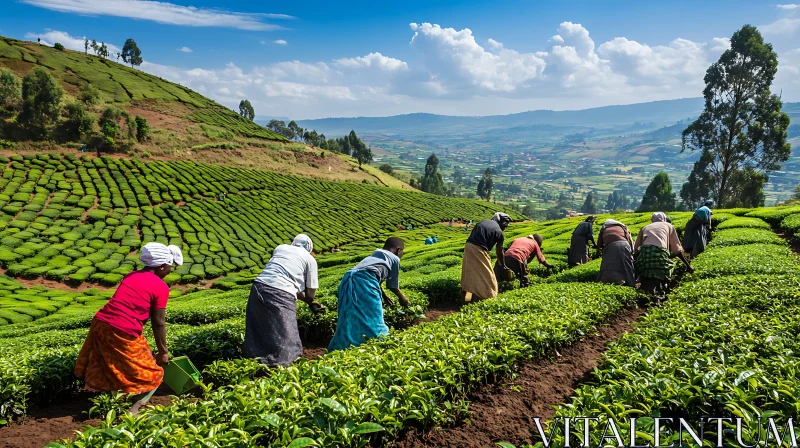 Lush Green Tea Fields and Workers AI Image