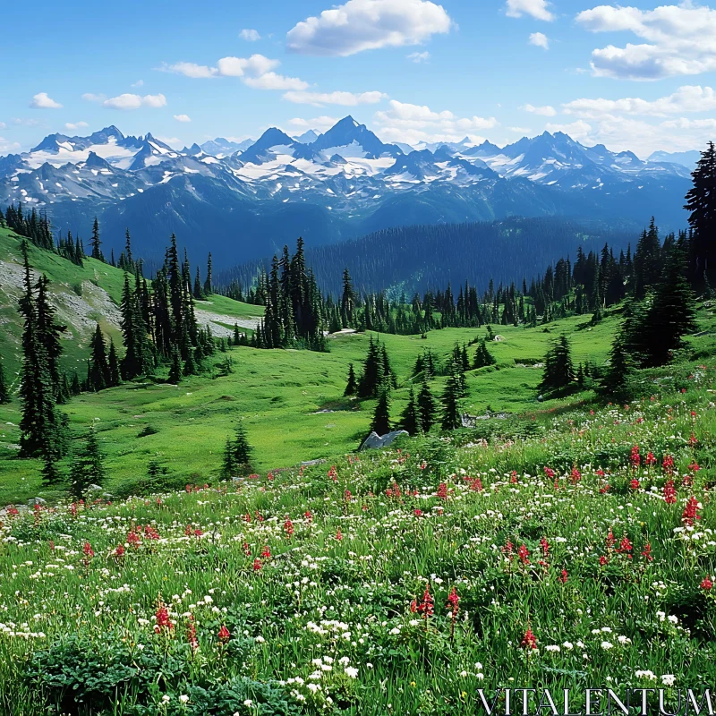 Alpine Meadow with Mountain View AI Image