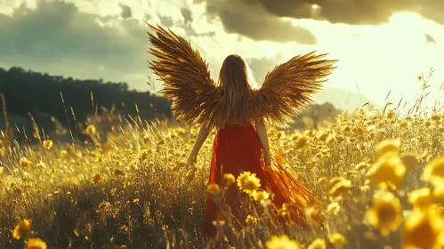 Winged Figure in Floral Meadow