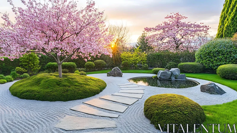 Pink Blossoms in a Serene Garden AI Image