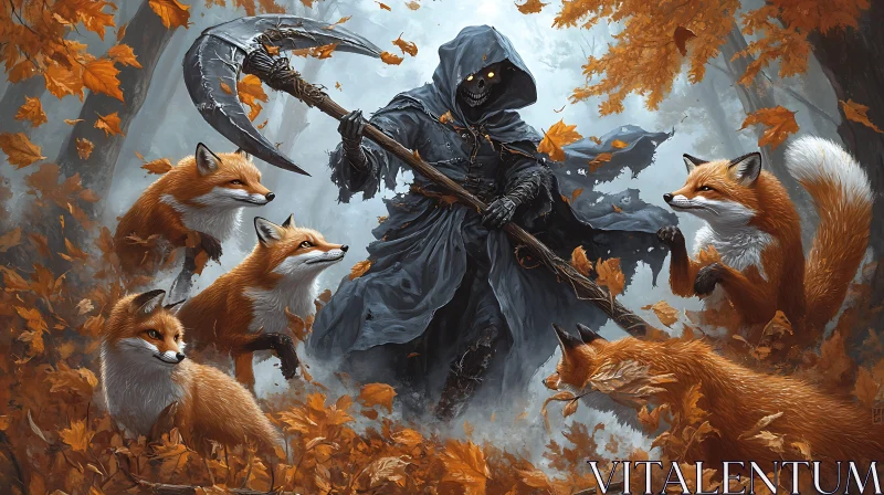 AI ART Foxes Circle the Mysterious Reaper