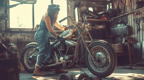 Woman Mechanic Working on Classic Bike