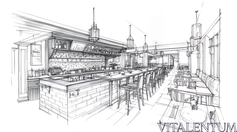 AI ART Monochrome Restaurant Interior Drawing