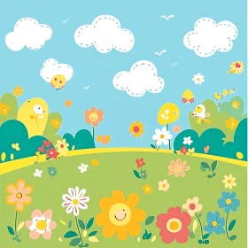 Whimsical Floral Landscape with Smiling Flowers