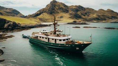 Green Boat Cruising Under Majestic Mountains and Sea - A Captivating Adventure