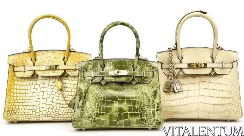 Luxury Crocodile Skin Handbags in Green, Yellow, and Beige AI Image