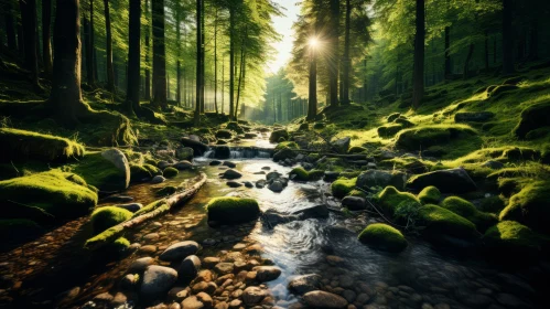 Sunlit Forest Stream - Inspiring Nature Landscape