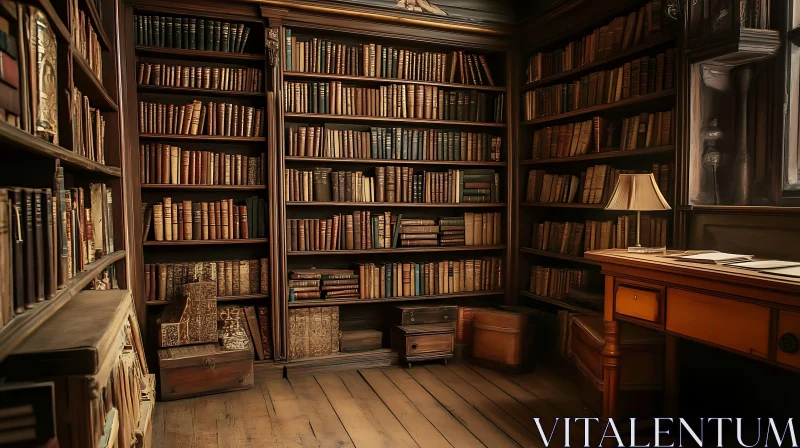 AI ART Vintage Library with Wooden Bookshelves