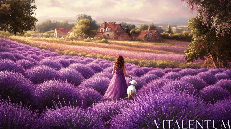 AI ART Woman and Dog in Lavender Landscape