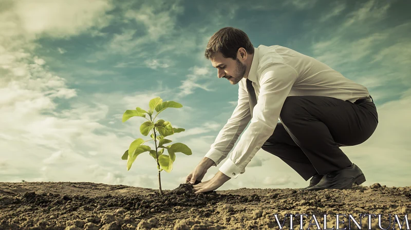 Man Planting a Seedling in Soil AI Image