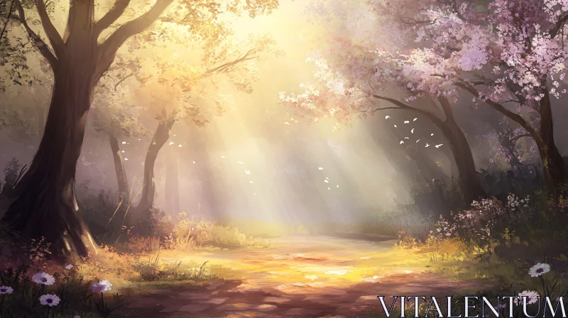 AI ART Tranquil Forest Scene with Sunlit Path