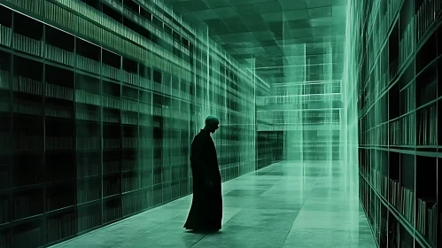 Abstract Library Hallway with Person
