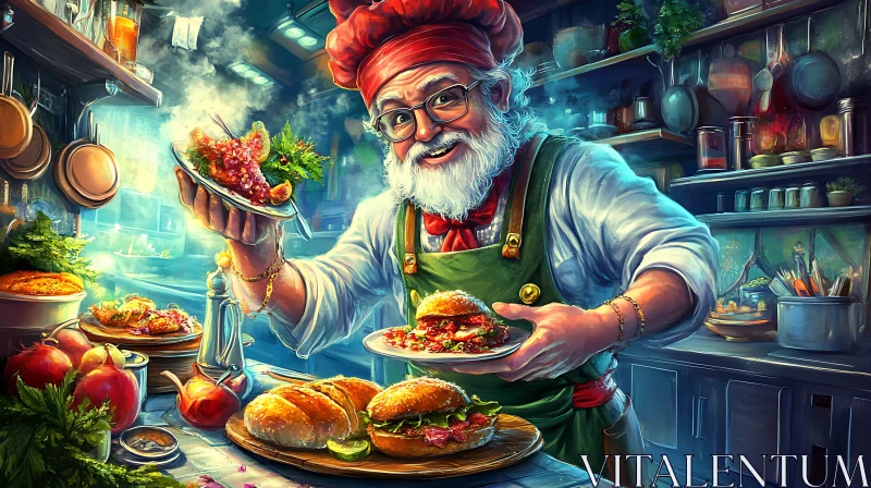 Joyful Chef in a Lively Kitchen Environment AI Image