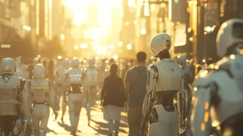 Futuristic Cityscape with Humanoid Robots