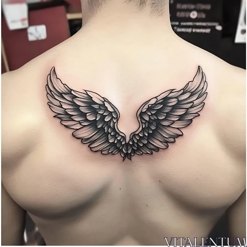 Detailed Black Ink Wings Tattoo Spanning Upper Back AI Image