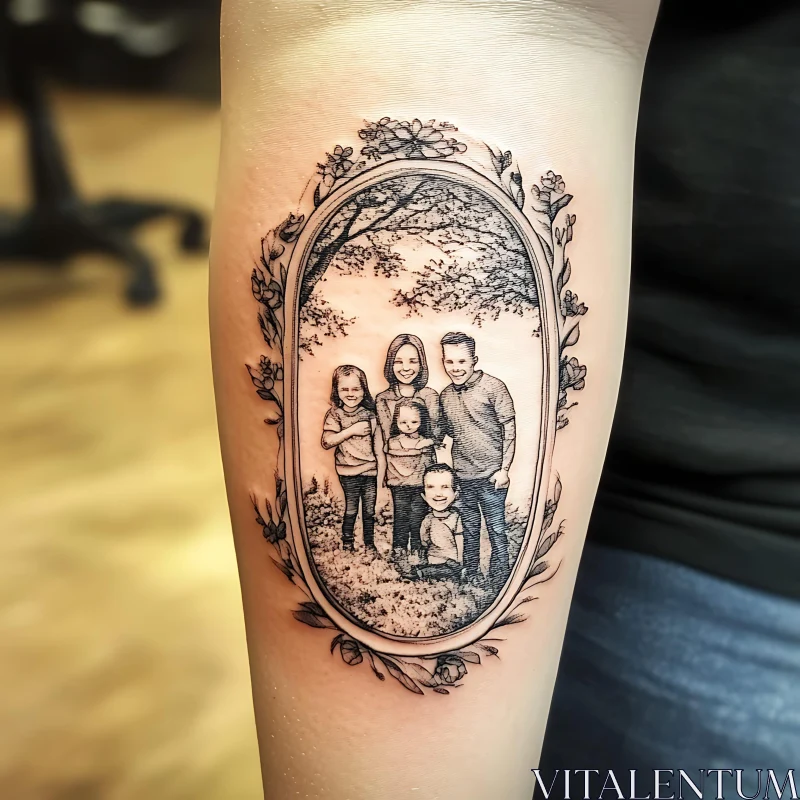 Black Ink Family Portrait Tattoo on Arm AI Image