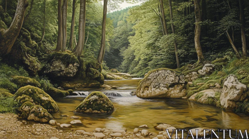 AI ART Peaceful Forest Brook with Trees and Rocks