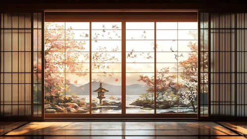 Tranquil Garden Scene Through Shoji Doors