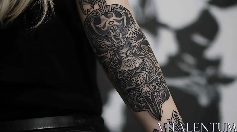 Intricate Forearm Tattoo with Skull and Helmet Motifs AI Image