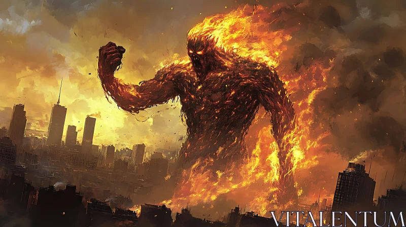 Colossal Fire Monster in Burning City AI Image