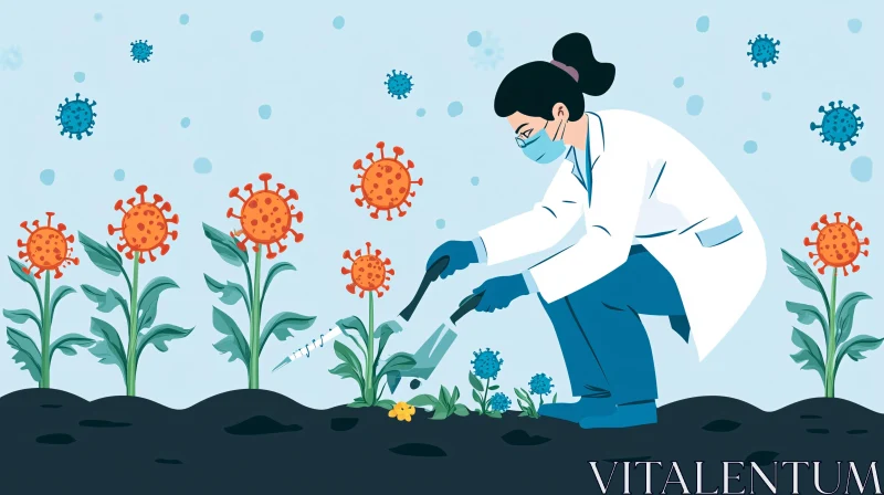 Doctor tending to virus flower garden AI Image