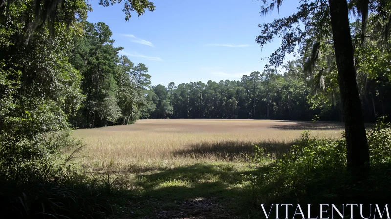 Lush Field Surrounded by Forest AI Image