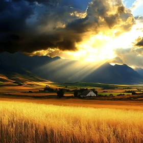 Sunlit Field at the Foot of Mountains