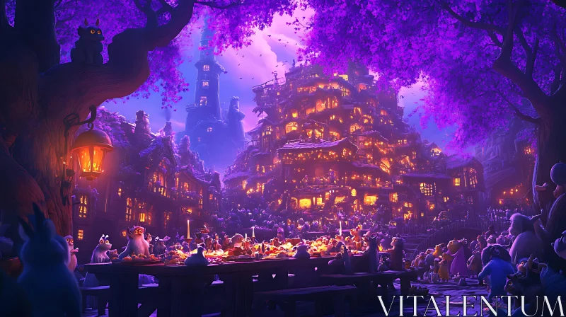 AI ART Violet Night Feast in Fantasy Village