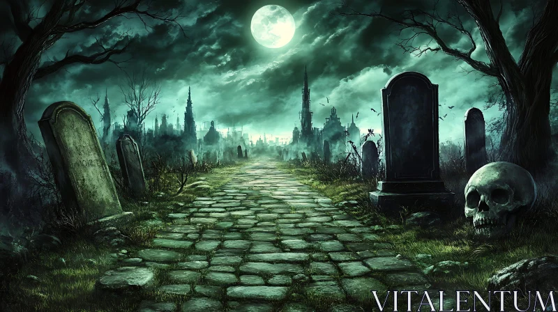 Moonlit Graveyard with Skull and Tombstones AI Image