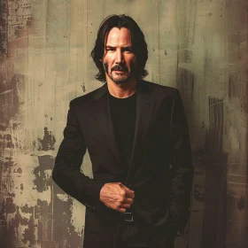 Portrait of Keanu Reeves in a Black Suit