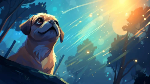 Cartoon Dog under Starry Night Sky - Nature-Inspired Pixel Art