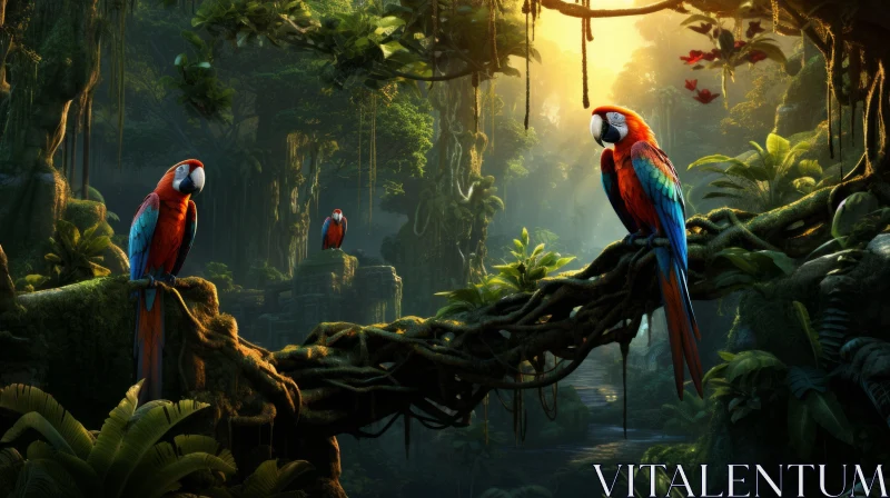 Colorful Parrots Amidst Lush Rainforest - Wallpaper AI Image