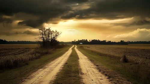 Rural Dirt Road Landscape with Approaching Storm