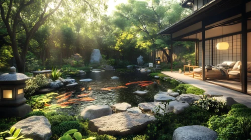 Zen Garden with Koi Fish and House