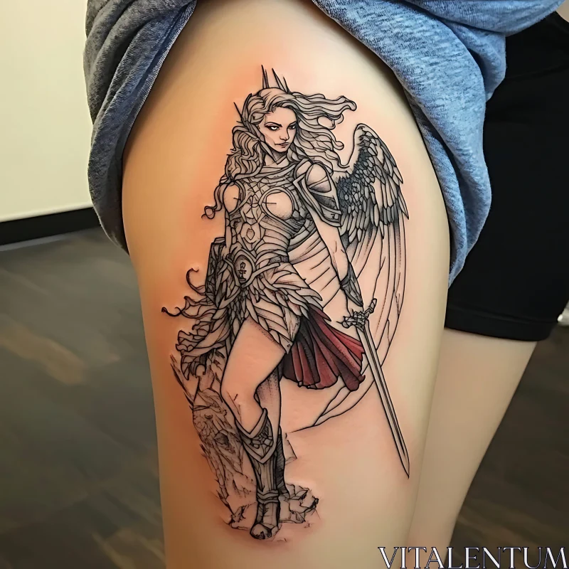 Detailed Warrior Angel Thigh Tattoo AI Image