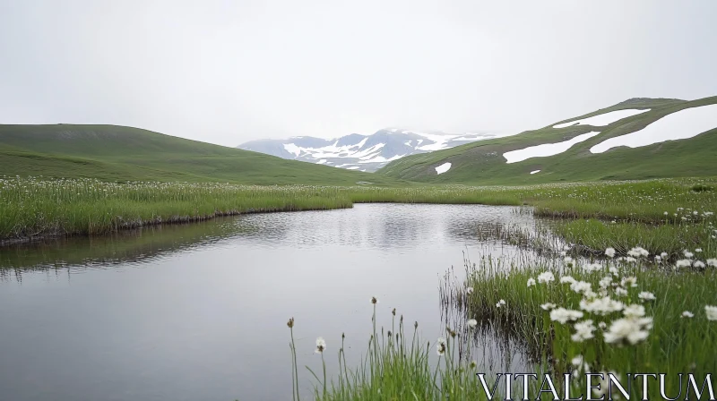 AI ART Tranquil Highland Lake with Blossoms and Snowy Mountains