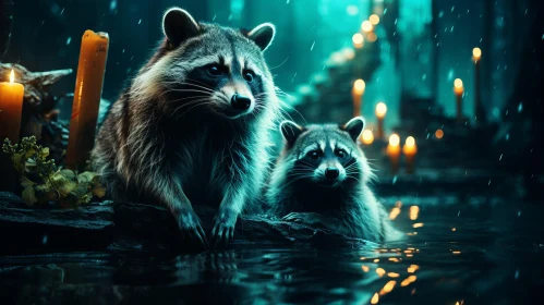 Epic Fantasy Scene: Raccoons in the Rain
