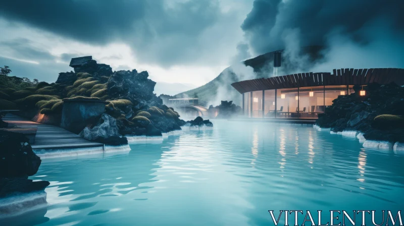 AI ART Ethereal Landscape: A Dark Atmosphere with Steam and Sulphur Hot Tub